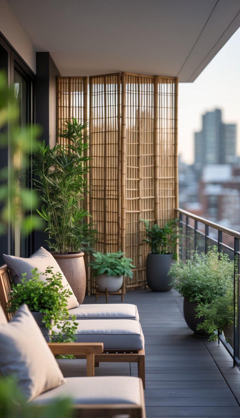 A modern balcony with wooden furniture, cushioned seating, and various potted plants, featuring a bamboo privacy screen and a view of city buildings in the background.