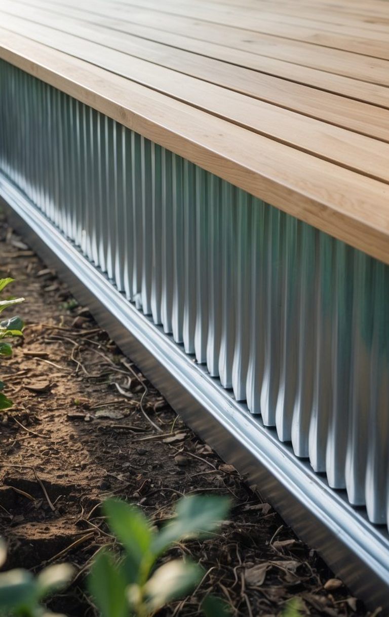 A side view of a wooden deck with corrugated metal skirting, surrounded by soil and small plants at the base.