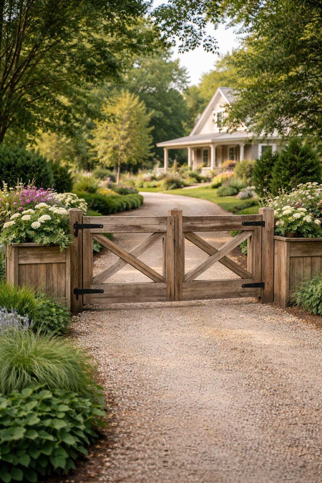 A rustic wooden gate opens to a gravel path lined with lush greenery and colorful flowers, leading to a charming house with a wraparound porch, surrounded by a landscaped garden.