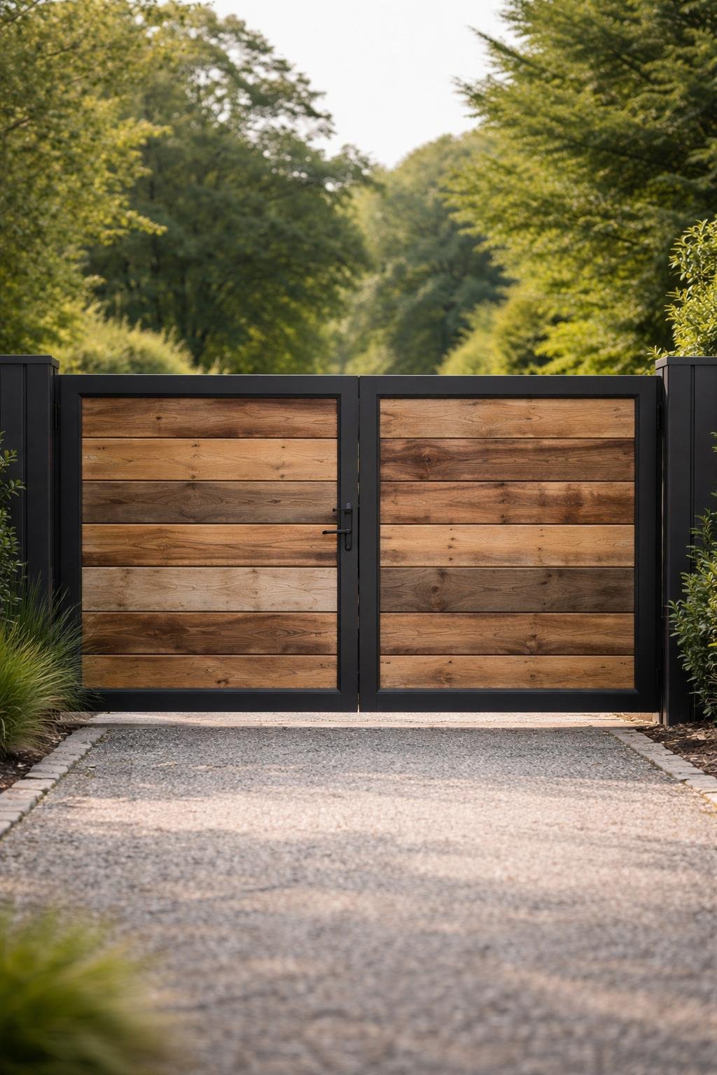 A modern gate with horizontal wooden panels framed in metal, set at the end of a gravel pathway, surrounded by lush greenery.