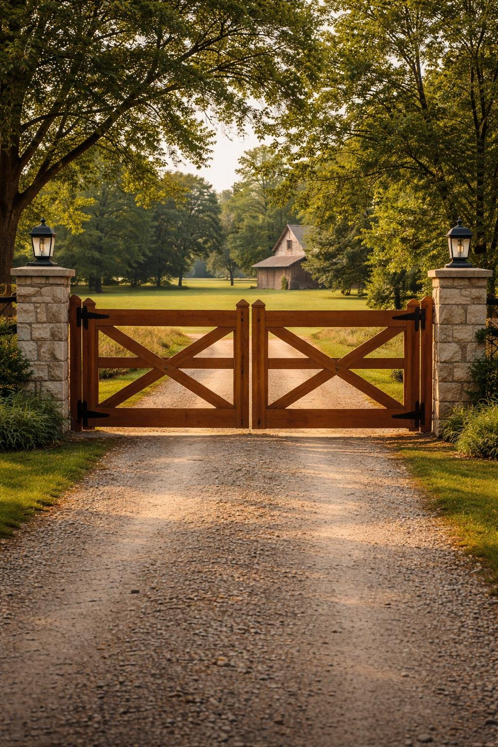 A wooden gate with stone pillars and lanterns on a gravel driveway, leading to a grassy area with a barn in the distance surrounded by trees.
