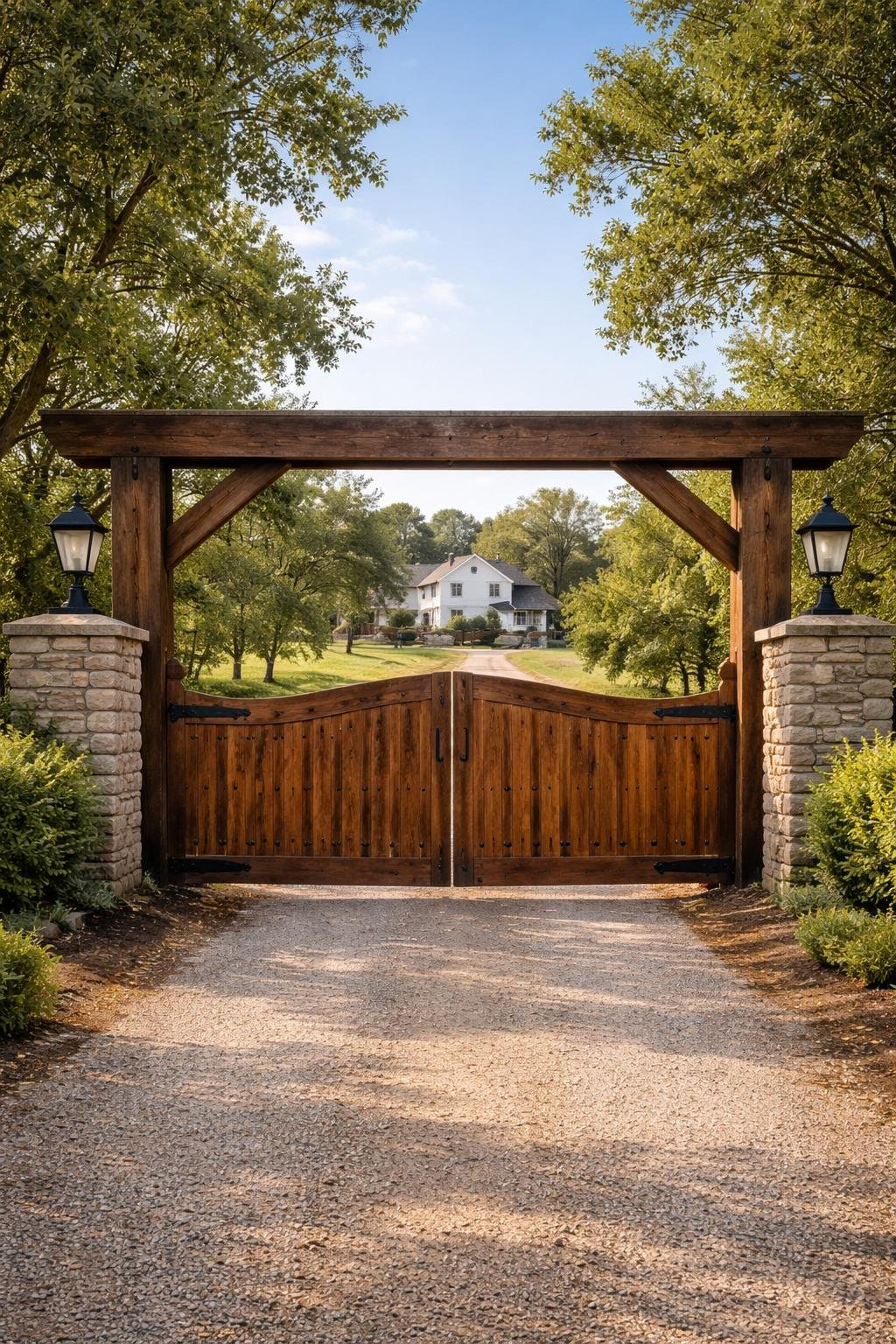 A wooden gate set between stone pillars with lanterns, opening to a driveway leading to a large white house surrounded by trees on a sunny day.