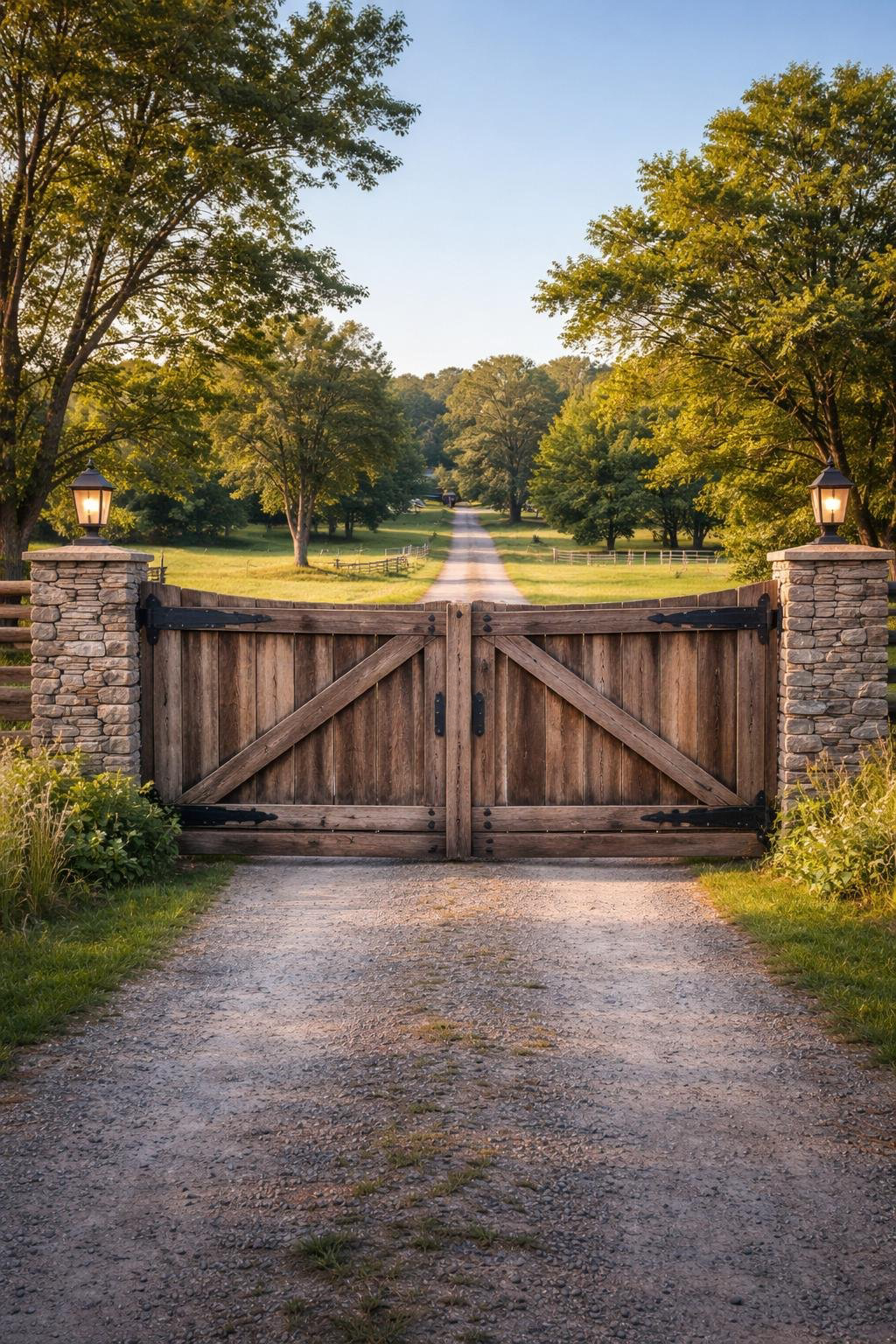 A rustic wooden gate flanked by stone pillars with lanterns, opening to a long gravel driveway lined with trees, leading into a green landscape under a clear blue sky.