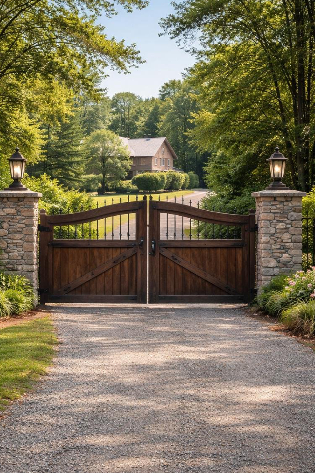 A large wooden gate with iron accents, flanked by stone pillars topped with lanterns, opens to a gravel driveway leading to a house surrounded by lush greenery and trees.