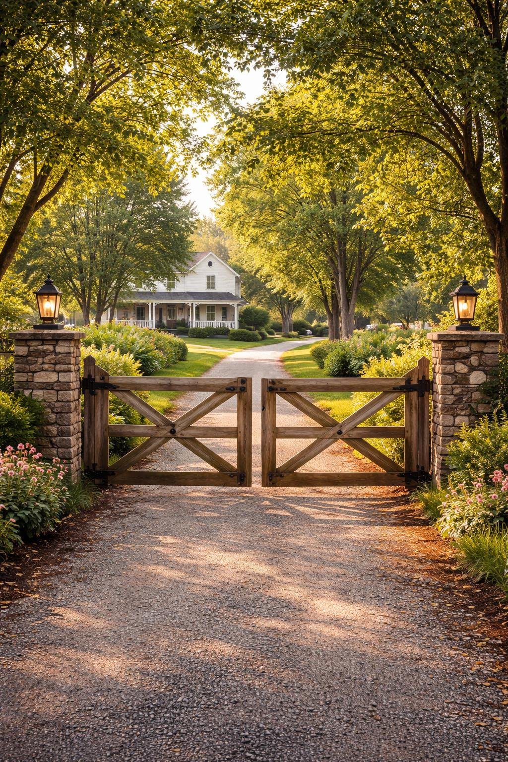 A rustic wooden gate opens to a gravel driveway lined with lush greenery and flowers, leading to a charming white house with a porch surrounded by tall trees and bathed in warm sunlight.
