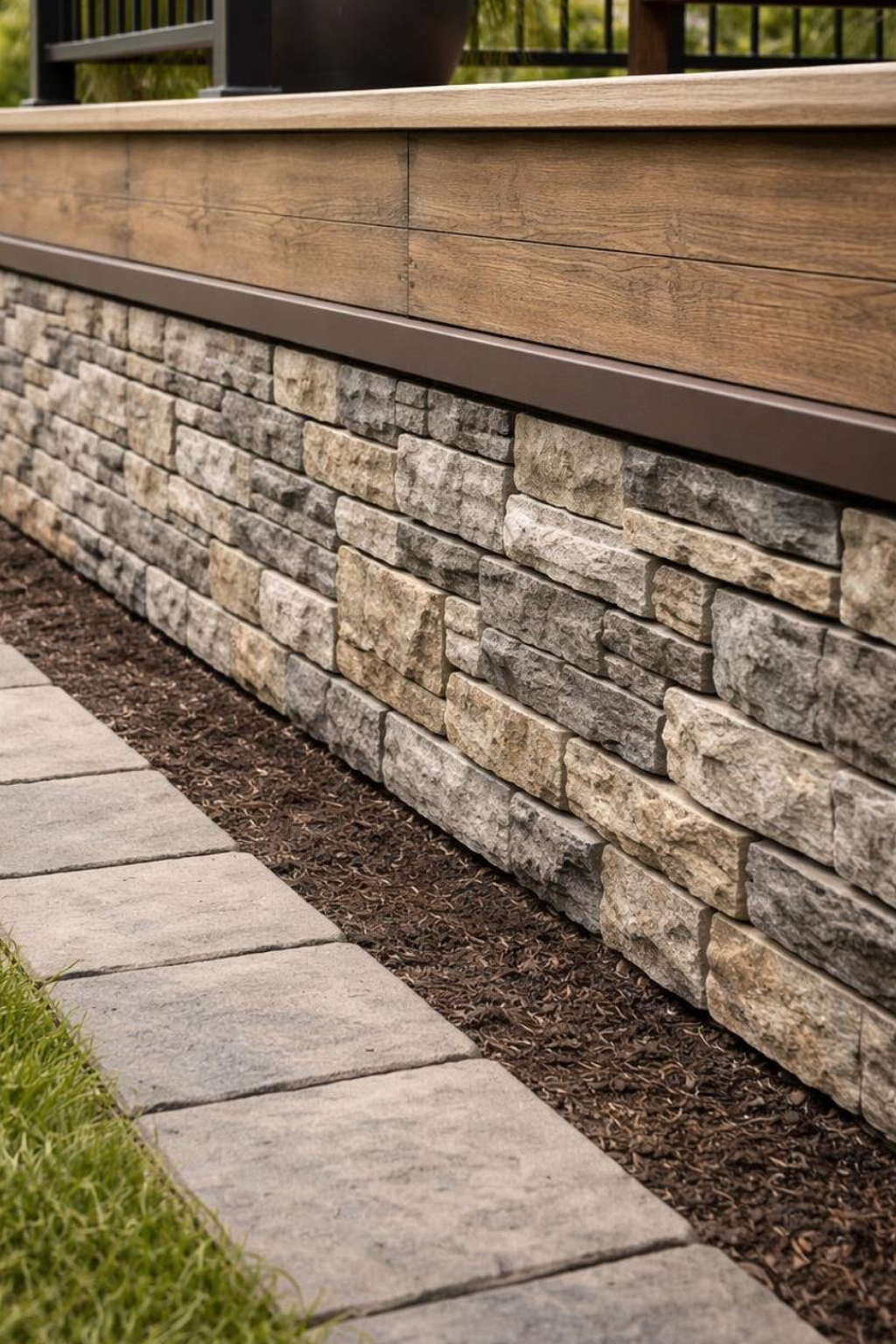 A stone veneer wall under a wooden deck with a black metal railing, bordered by a stone pathway and mulch-covered ground.