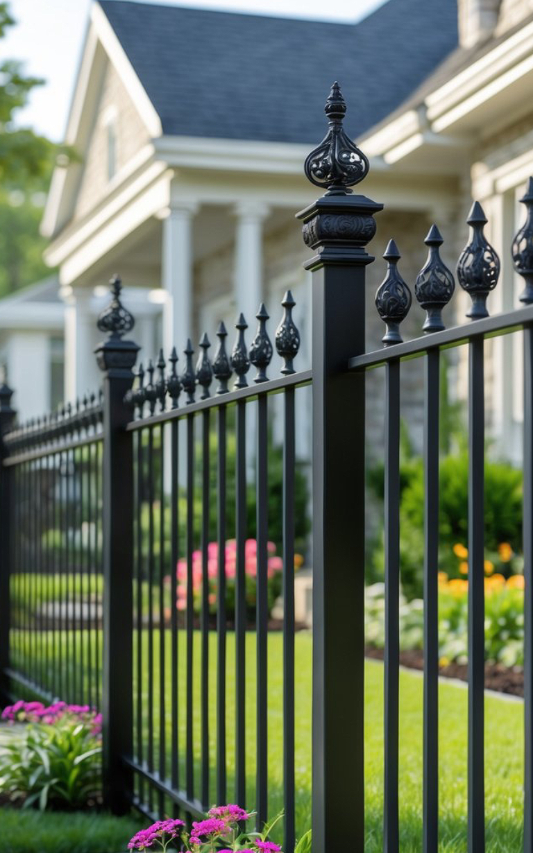 Close-up of a decorative black metal fence with ornate finials in front of a well-manicured lawn and a house with white columns and a gray roof.