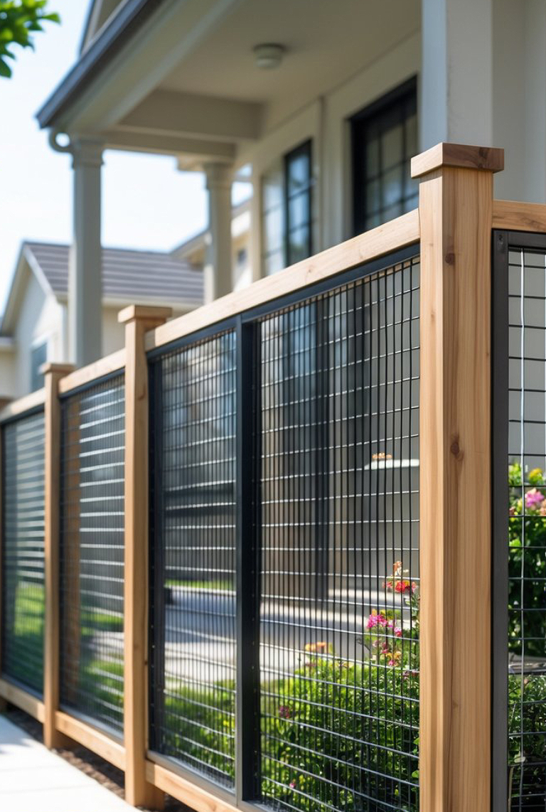 A modern fence made of wood and black metal mesh, with a house in the background and flowering plants nearby.