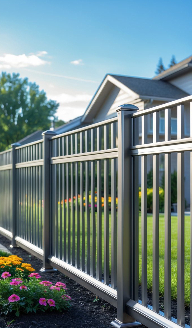 A modern metal fence with vertical bars runs along a well-manicured lawn, with flower beds of pink and yellow flowers in the foreground and a residential house in the background.