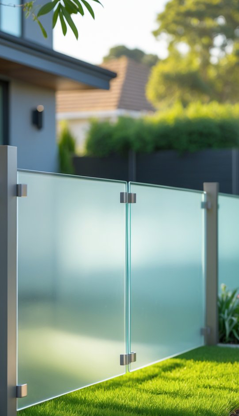 A section of a modern frosted glass fence with metallic supports, set on a neatly trimmed lawn, with a contemporary house and lush greenery in the blurred background.