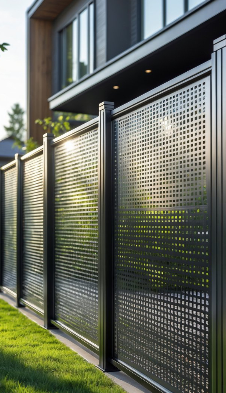 A modern black metal privacy fence with a grid pattern, set against the backdrop of a contemporary house and lush green grass.