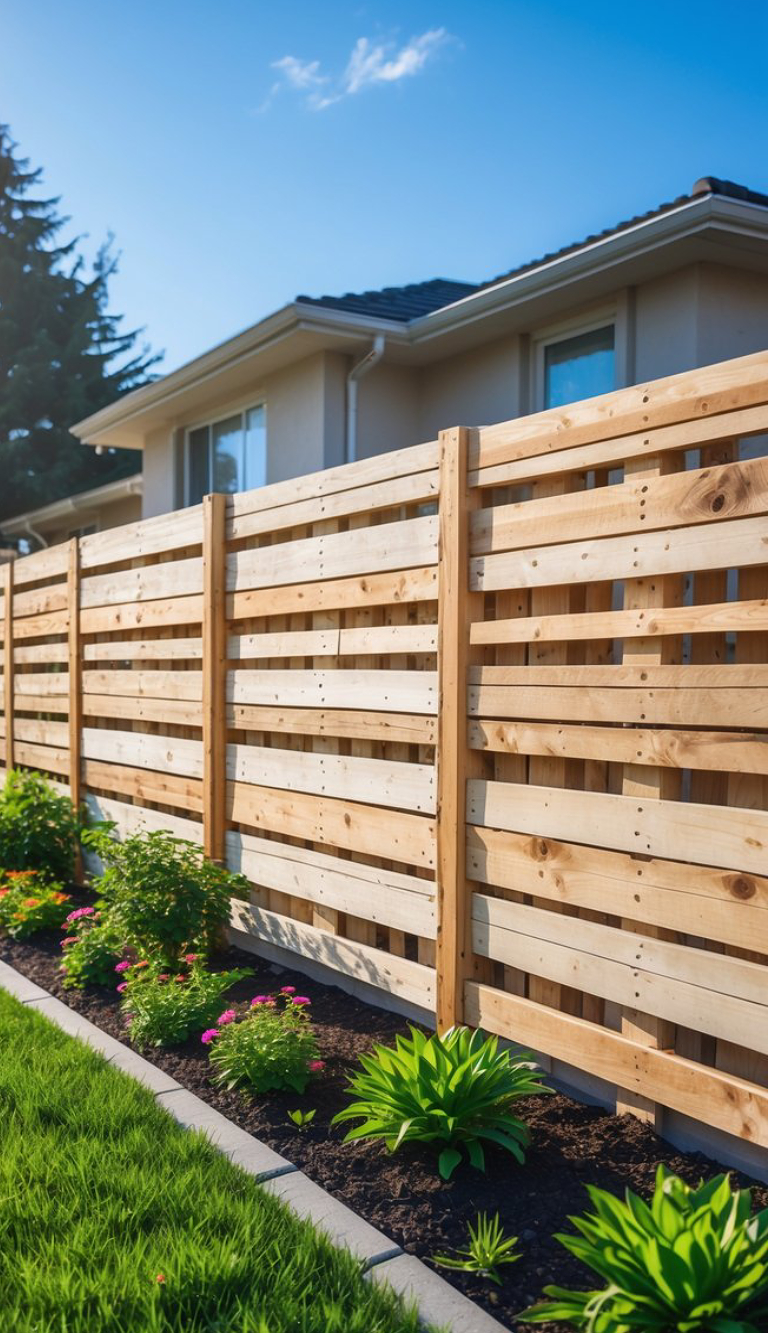 A wooden fence with horizontal slats alongside a garden containing various green plants and colorful flowers, with a modern house and a clear blue sky in the background.