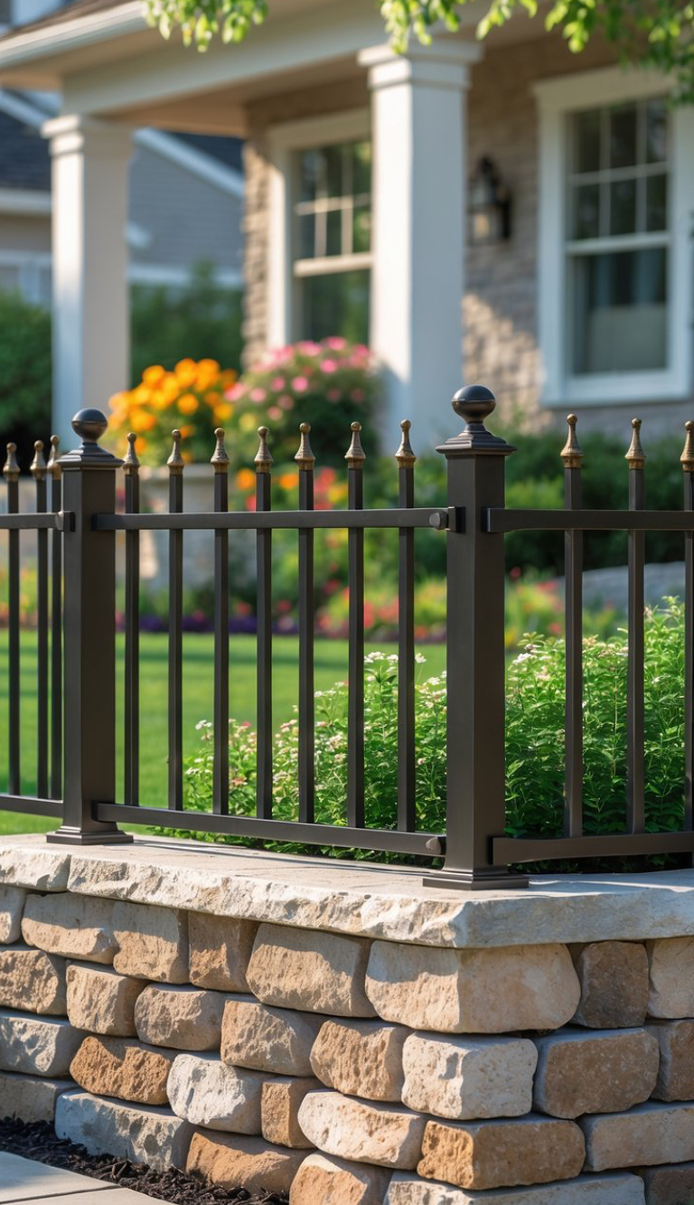 A decorative black metal fence with gold finials stands on a stone wall in front of a well-maintained garden and house.