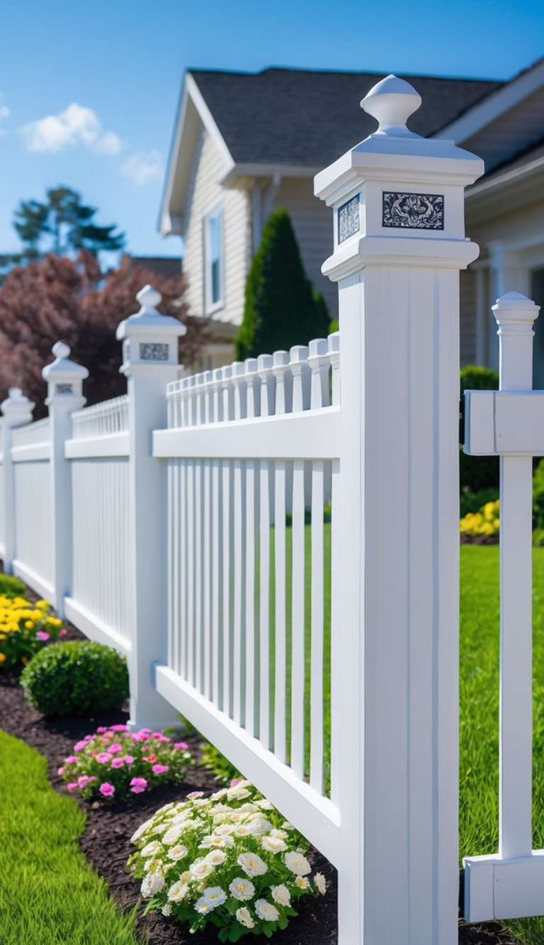 A white picket fence with decorative posts stands in front of a well-maintained house, surrounded by vibrant green grass and colorful flowers.
