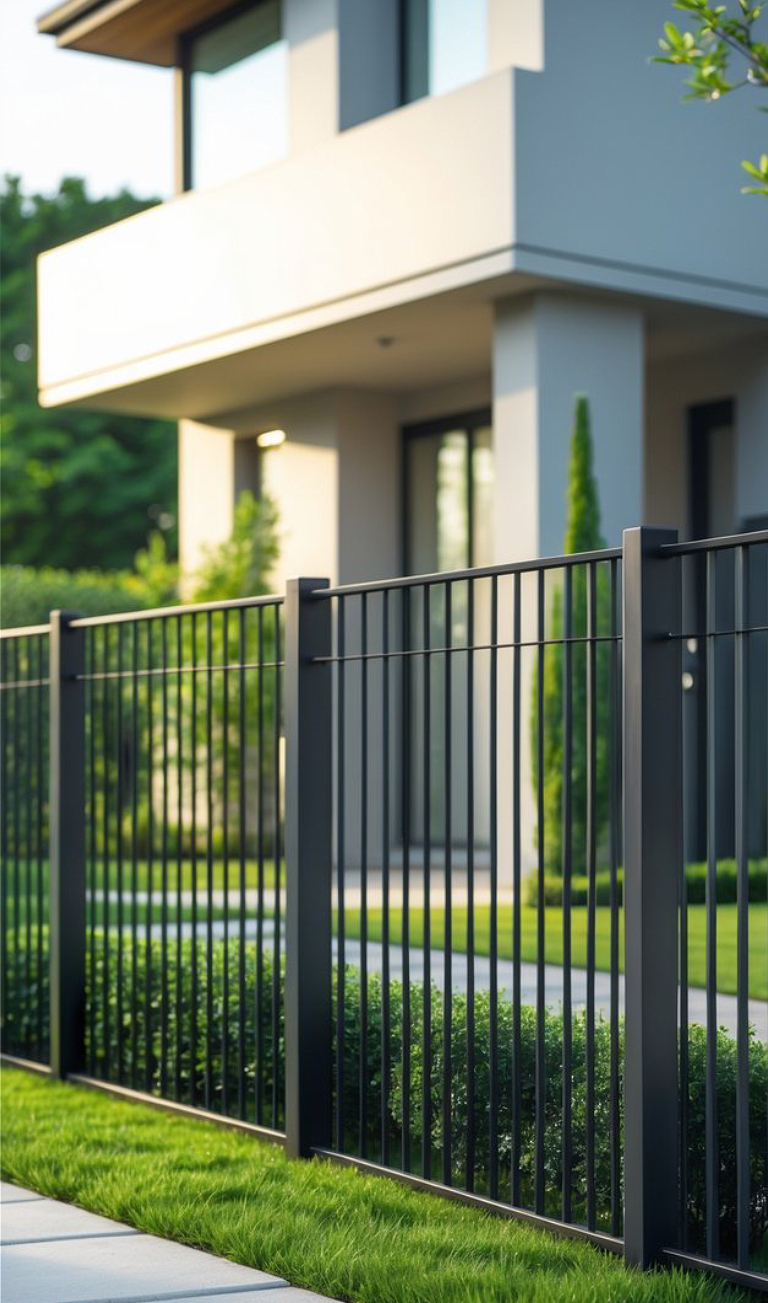 Modern house with black metal fence and well-manicured lawn and shrubs in the foreground.