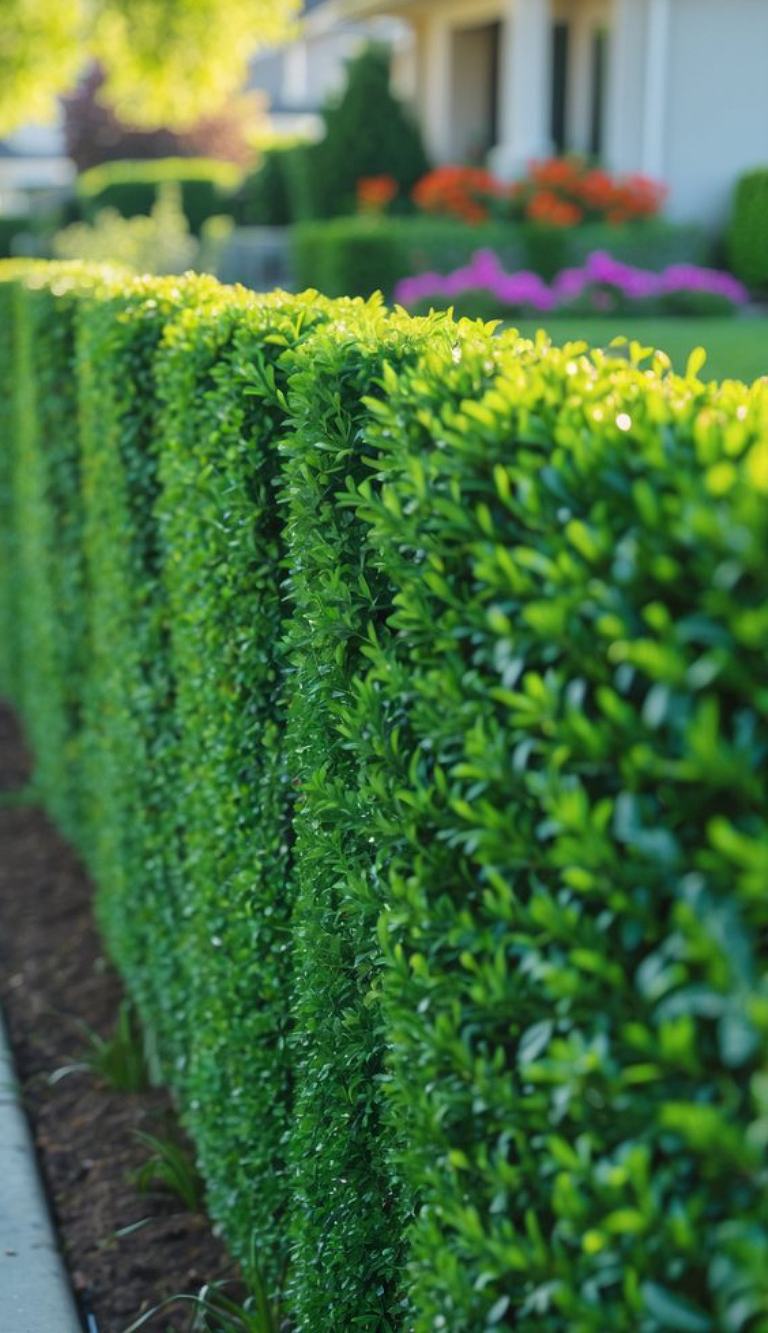 A neatly trimmed green hedge lining a sidewalk, with a blurred background of a garden and a residential house.
