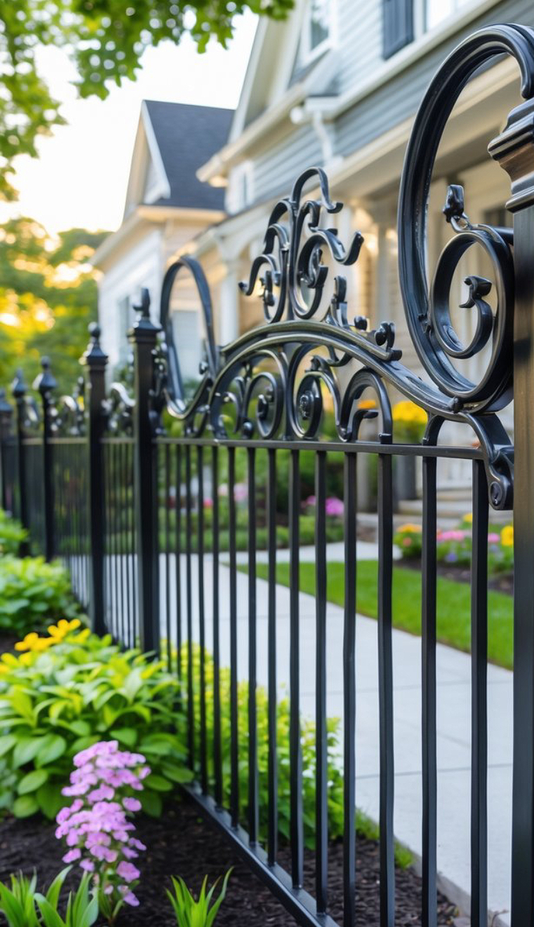 A decorative wrought iron fence with intricate scrollwork encloses a front yard garden with colorful flowers and green shrubs in front of a modern suburban house.