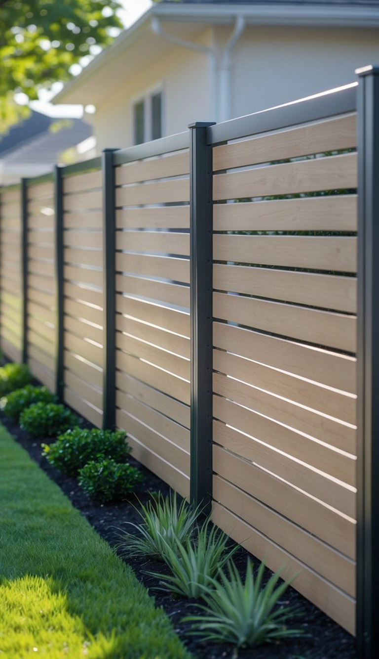A modern wooden fence with horizontal slats supported by metal posts, with a well-manicured lawn and small shrubs in the foreground.