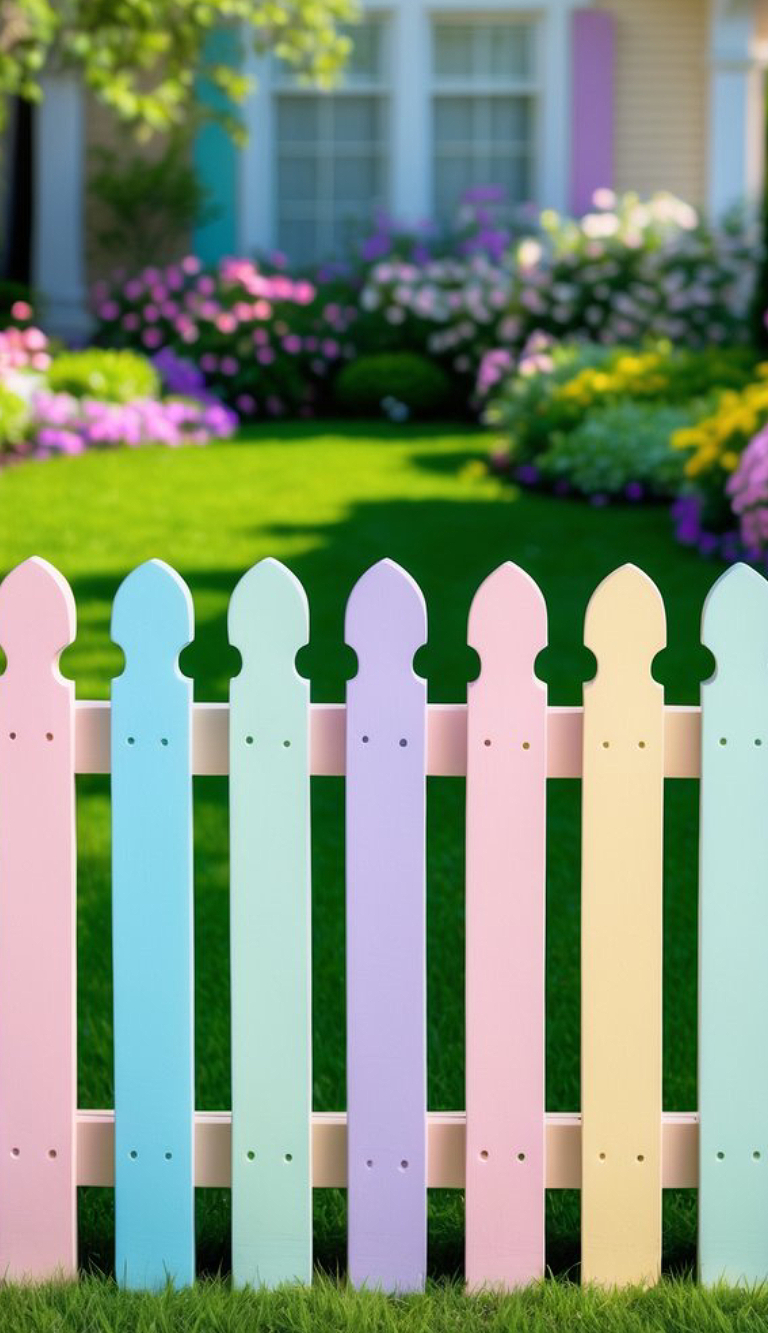 A pastel-colored picket fence in front of a lush garden with vibrant flowers and green grass.