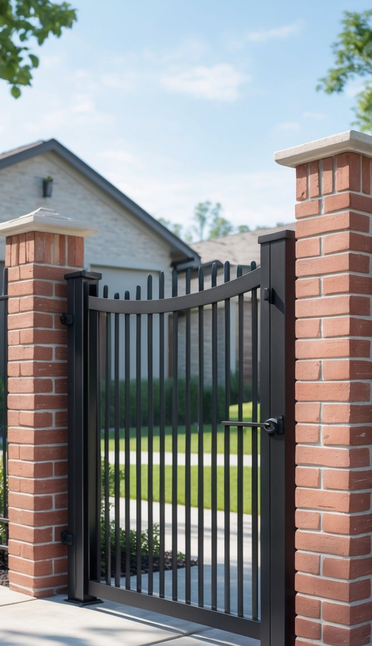 A modern black metal gate with vertical bars, flanked by two brick pillars, leading to a landscaped yard in front of a house.