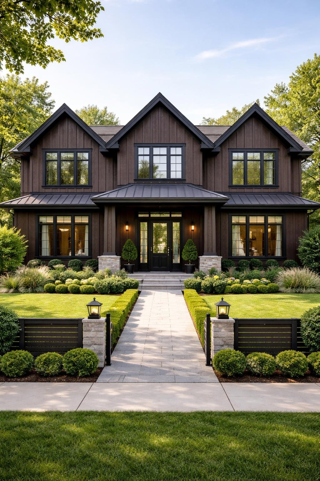 A modern two-story house with dark wood paneling, large windows, and a landscaped front yard with a stone walkway leading to the entrance. The yard features trimmed bushes, grass, and decorative lighting along the path.