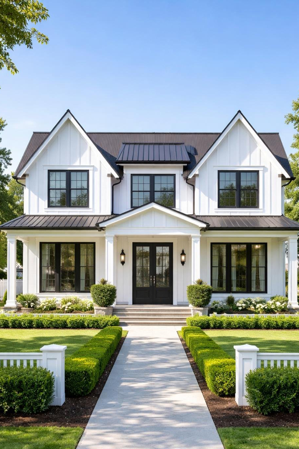 A modern farmhouse-style home with white siding, black accents, and a metal roof, surrounded by a neatly landscaped yard with hedges and a pathway leading to the entrance.