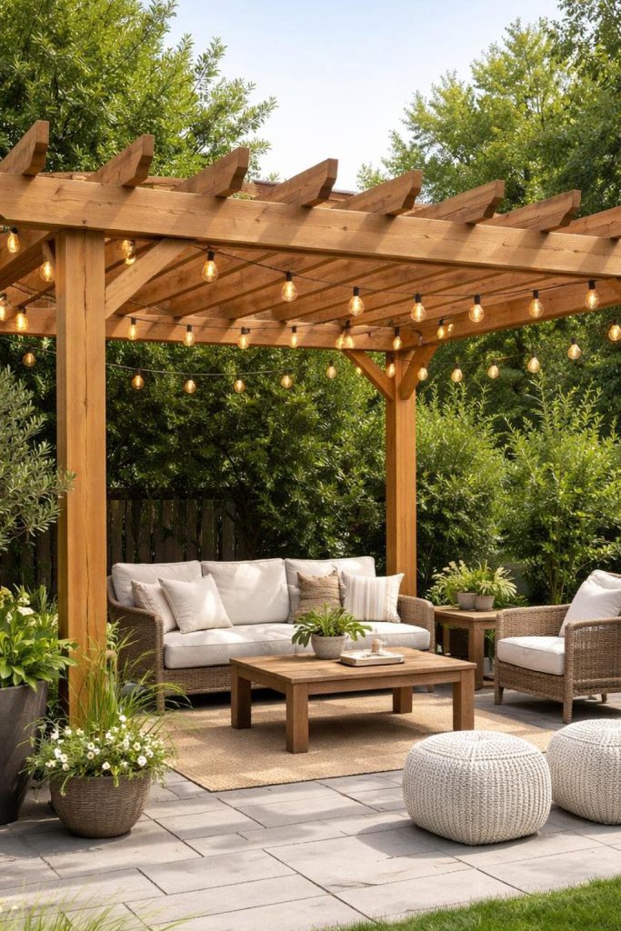 Outdoor patio area with a wooden pergola adorned with string lights, featuring cushioned wicker furniture, a wooden coffee table, and knitted poufs, surrounded by potted plants and greenery.