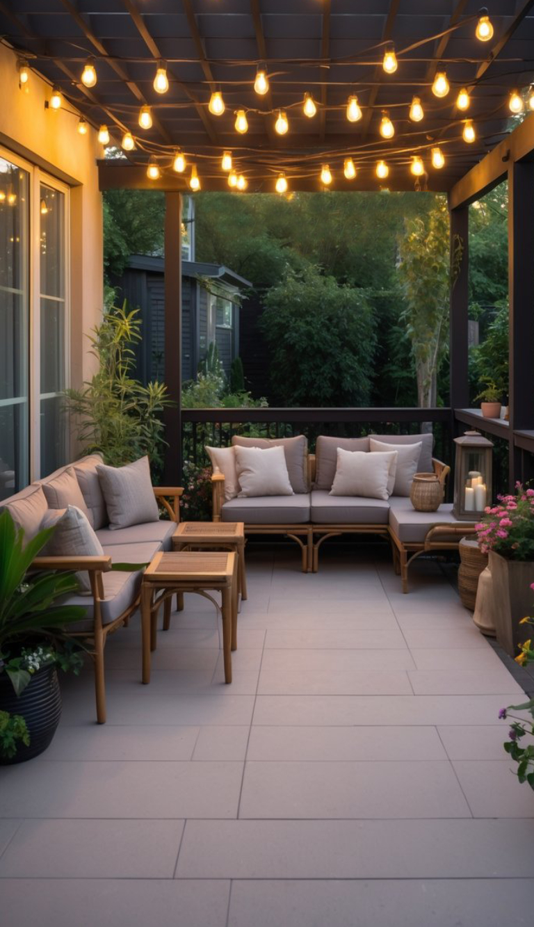 A cozy outdoor patio with wooden furniture, including a sectional sofa and chairs, adorned with cushions. The patio is illuminated by warm string lights hanging above, and surrounded by greenery and potted plants.