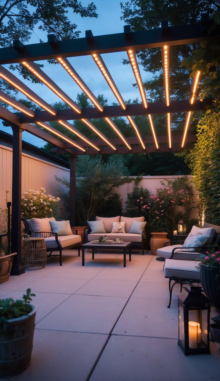 A cozy outdoor patio decorated with comfortable seating and cushions under a pergola adorned with warm string lights. The area is surrounded by lush greenery and flowers, creating a serene and inviting atmosphere.