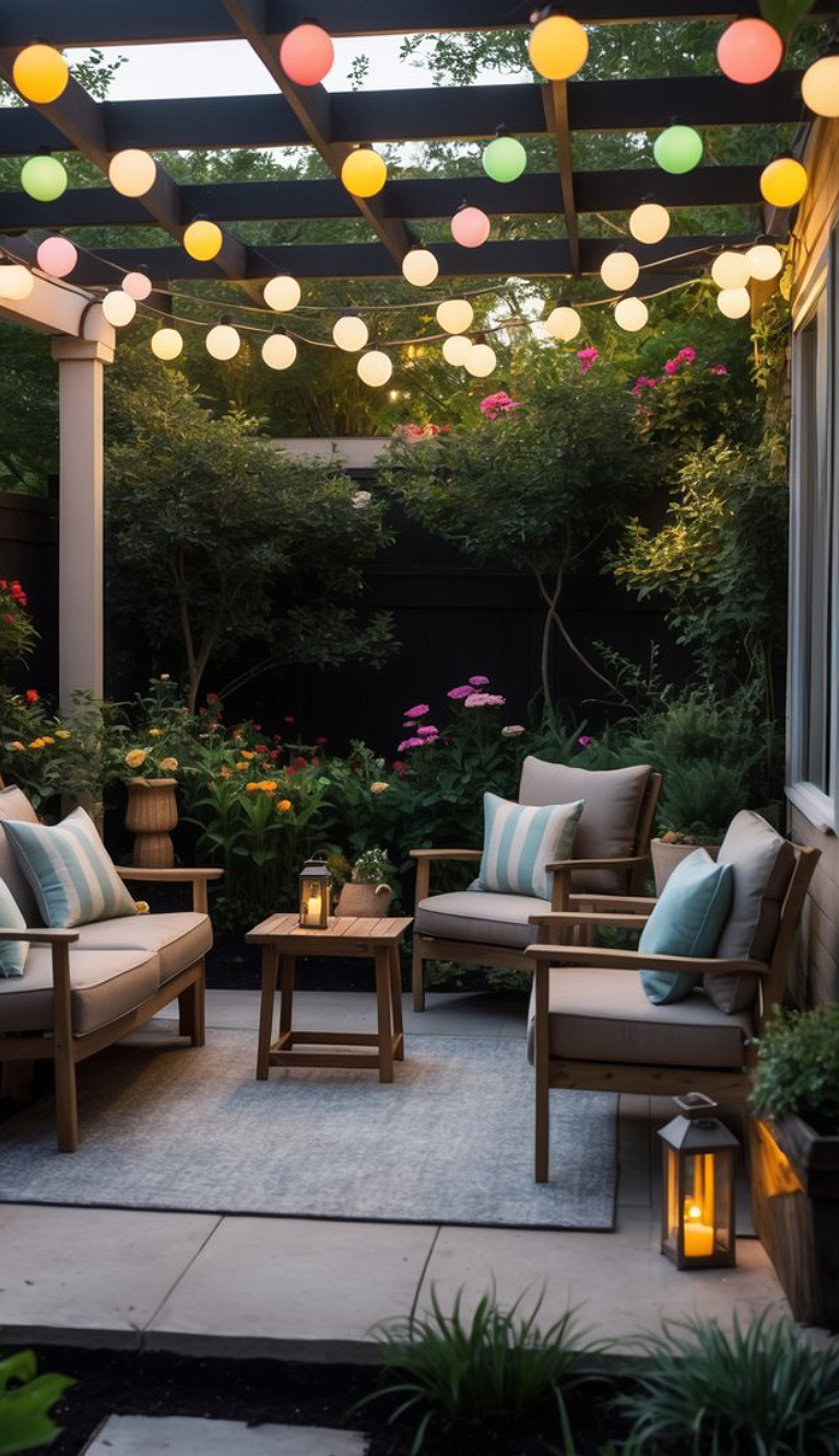 A cozy backyard patio with wooden furniture, including chairs with blue striped cushions and a small table, is lit by colorful string lights hanging from a pergola. Lanterns with candles add a warm ambiance, and the surrounding garden is lush with green plants and vibrant flowers.