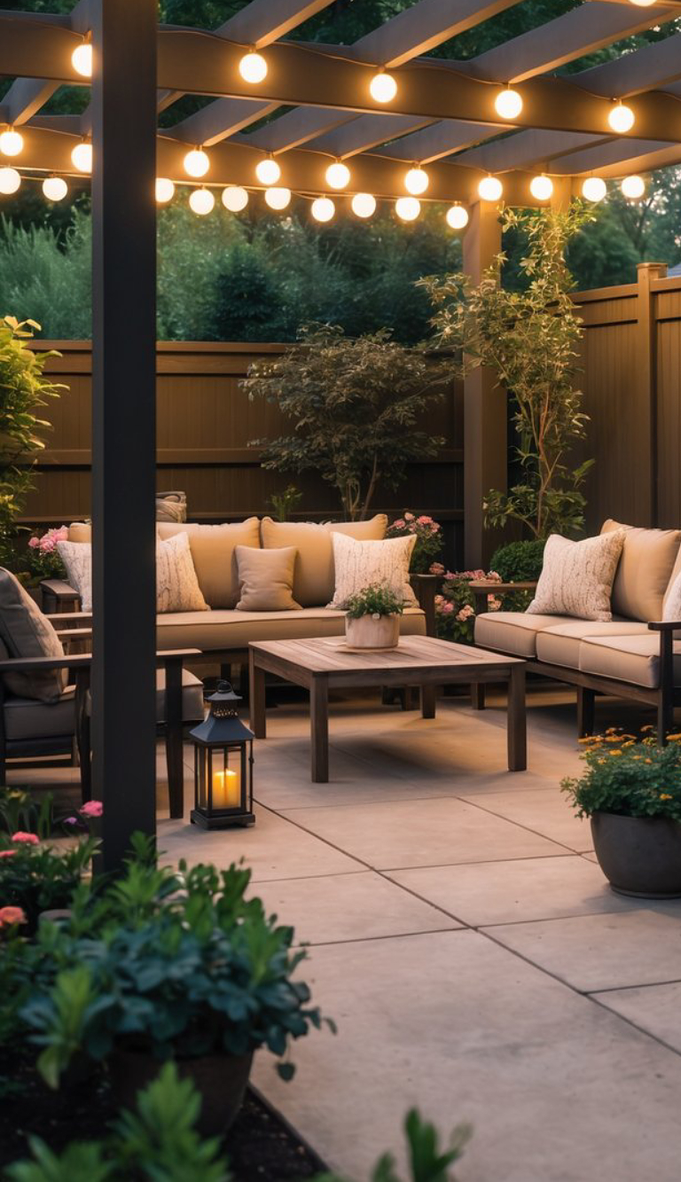 A cozy outdoor patio area with cushioned seating, a wooden coffee table, and decorative potted plants. String lights are hung above, creating a warm and inviting atmosphere. A candle lantern is placed on the ground for additional ambient lighting.