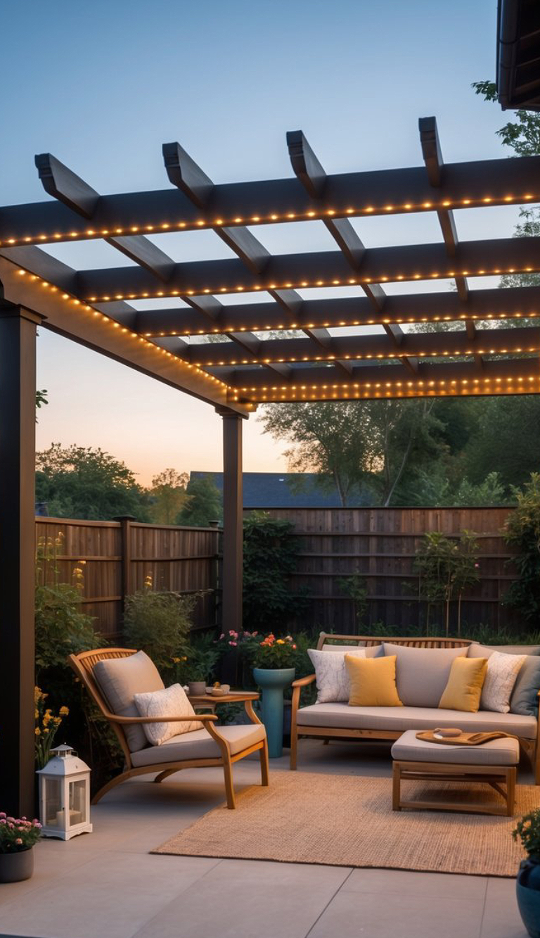 A cozy outdoor patio featuring a pergola adorned with string lights, a comfortable seating area with cushioned chairs and sofas, and various potted plants, surrounded by a wooden fence at dusk.