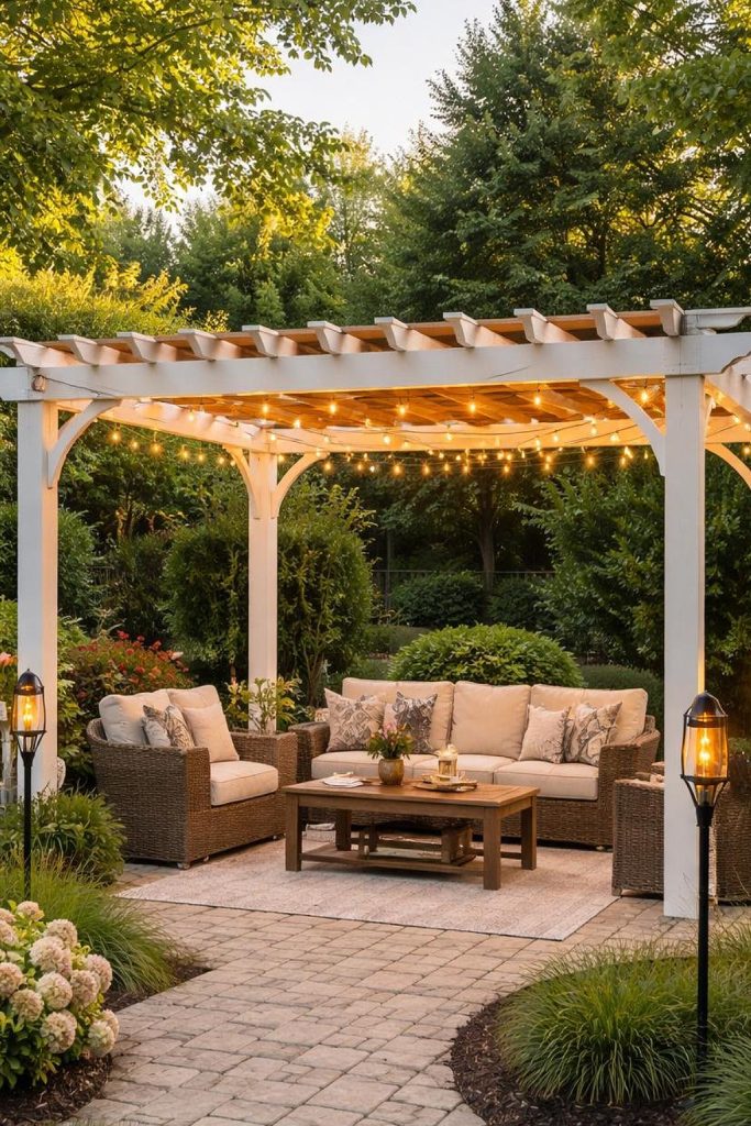 A cozy outdoor patio area with a white pergola adorned with string lights, featuring wicker furniture with cushions, a wooden coffee table, and surrounded by lush greenery and lit garden torches.