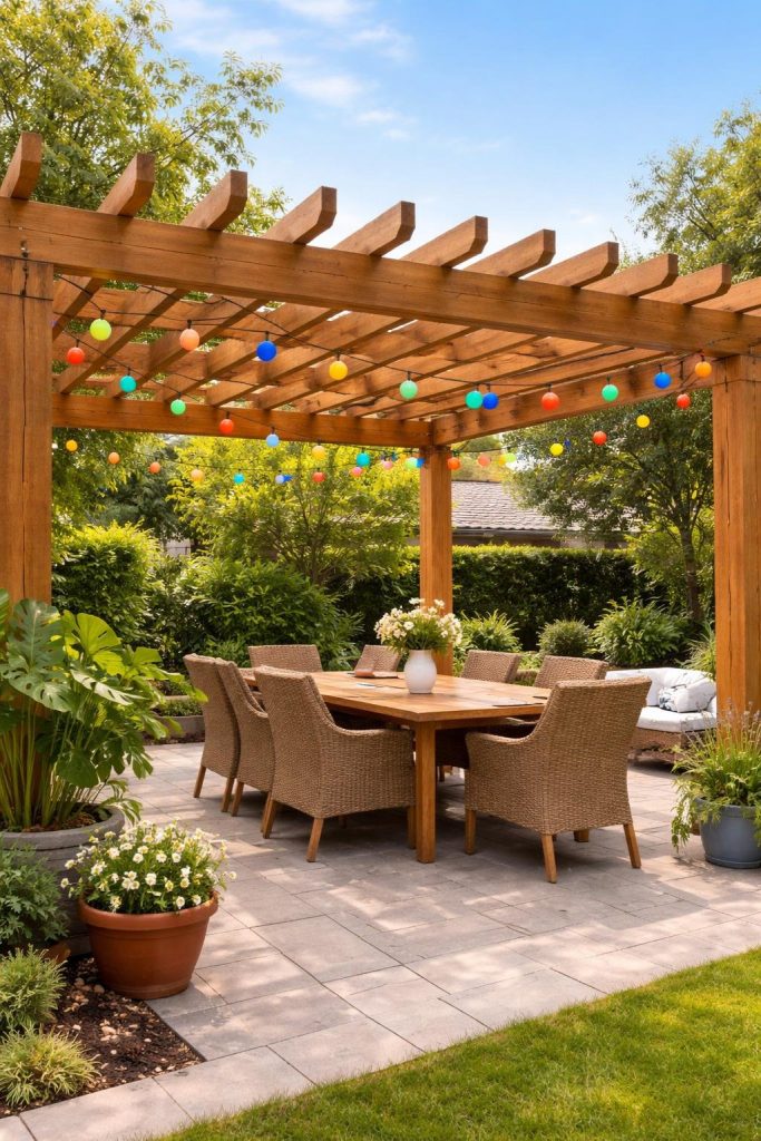 A patio with a wooden pergola adorned with colorful string lights, featuring a wooden dining table surrounded by wicker chairs, and potted plants around the area, set against a lush garden backdrop.