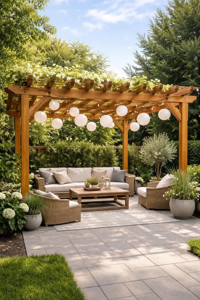 Outdoor patio with wicker furniture under a wooden pergola decorated with hanging paper lanterns, surrounded by lush greenery and potted plants.