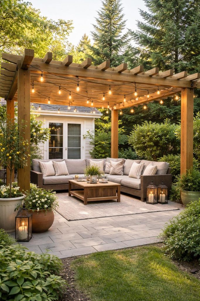 A cozy outdoor patio setup features a wooden pergola with string lights, a sectional sofa with cushions, a wooden coffee table, and potted plants, all situated on a paved area surrounded by greenery and trees.