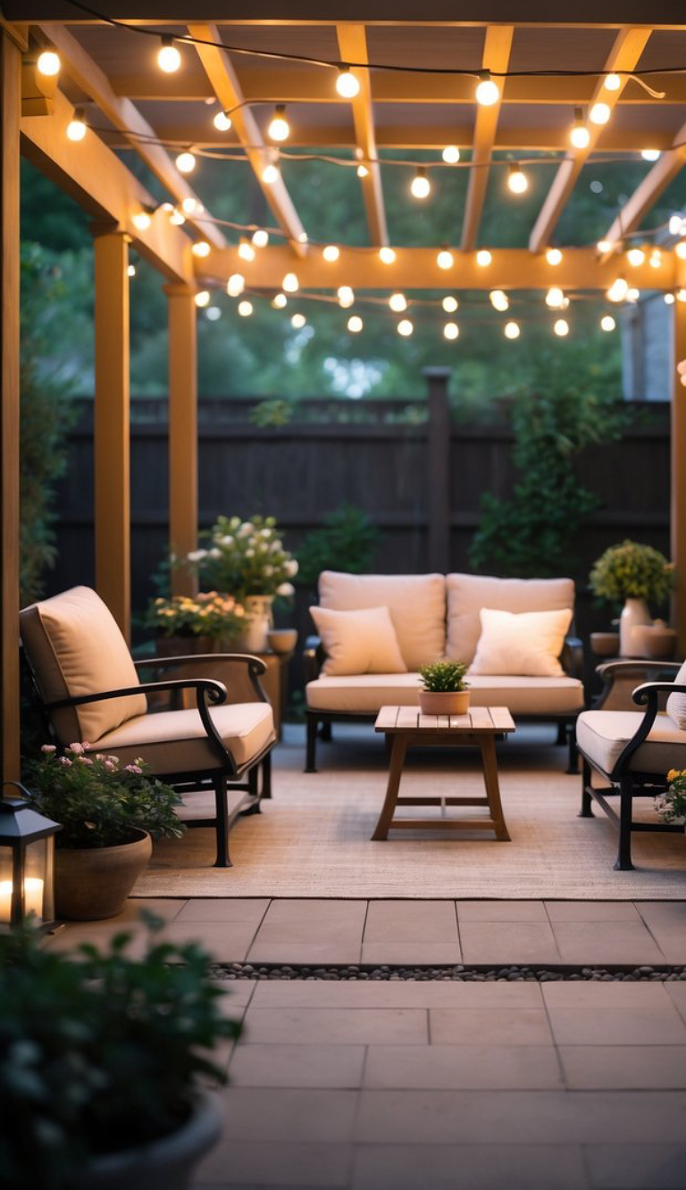 A cozy outdoor patio with string lights hanging from a pergola, featuring cushioned seating and a small wooden table surrounded by potted plants.