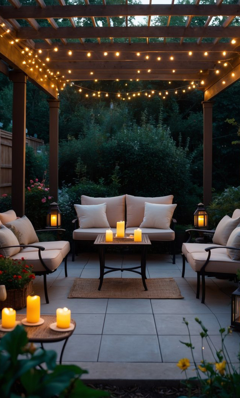 A cozy outdoor patio at dusk featuring a pergola adorned with string lights, surrounded by cushioned seating, a coffee table topped with candles, and lanterns softly illuminating the space.