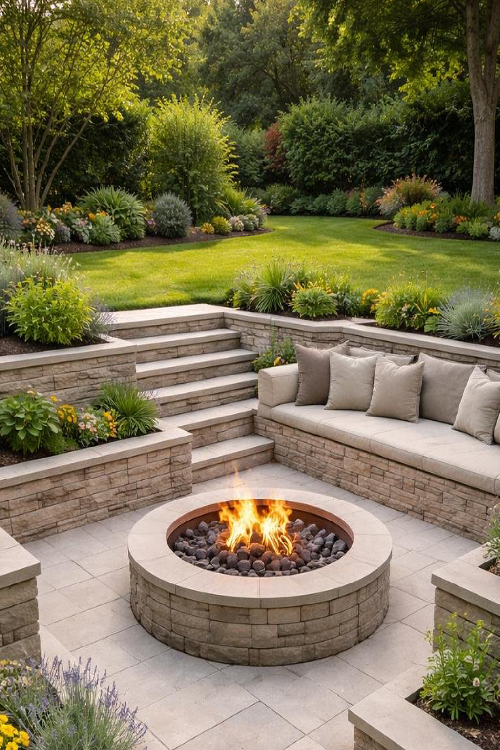 A landscaped backyard featuring a circular stone fire pit with black stones and a bright flame in the center. Surrounding the fire pit is a curved stone bench with beige cushions. The area is bordered by neatly trimmed shrubs and a lush green lawn with more plants and trees in the background.