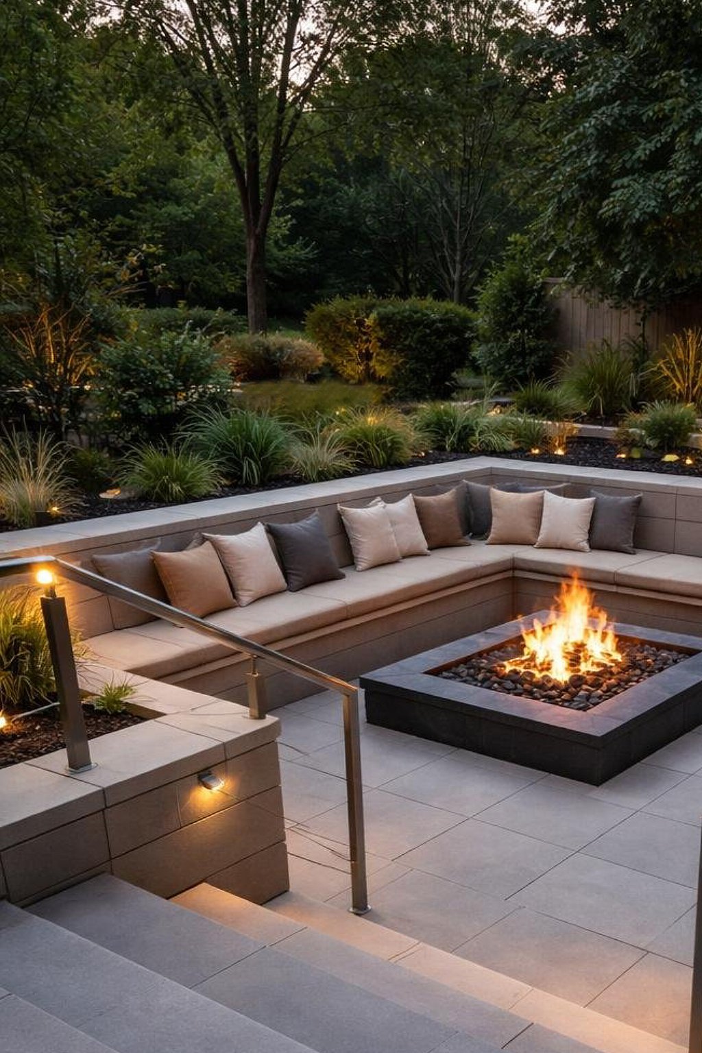 A modern outdoor patio with a built-in L-shaped sofa adorned with cushions, surrounding a square fire pit filled with rocks. The setting is illuminated by soft lighting, and there is lush greenery in the background.