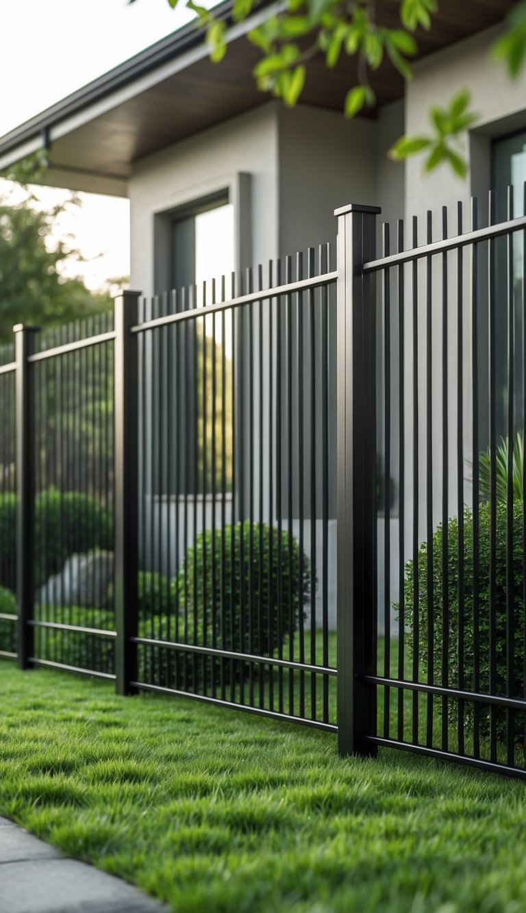Black metal fence with vertical bars surrounding a green front yard in front of a modern house.
