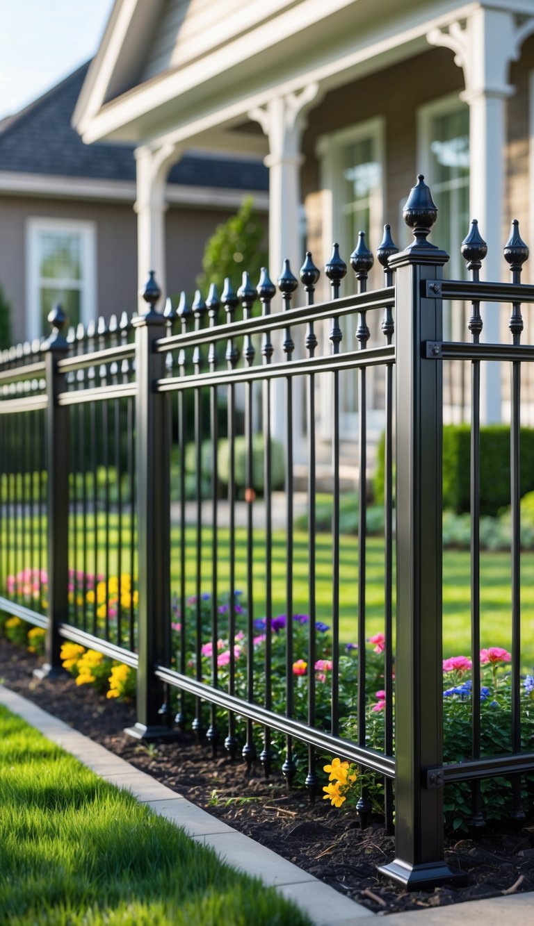 A black metal fence with decorative finials surrounds a well-maintained front yard with colorful flower beds and neatly trimmed grass, set in front of a modern house with a porch.