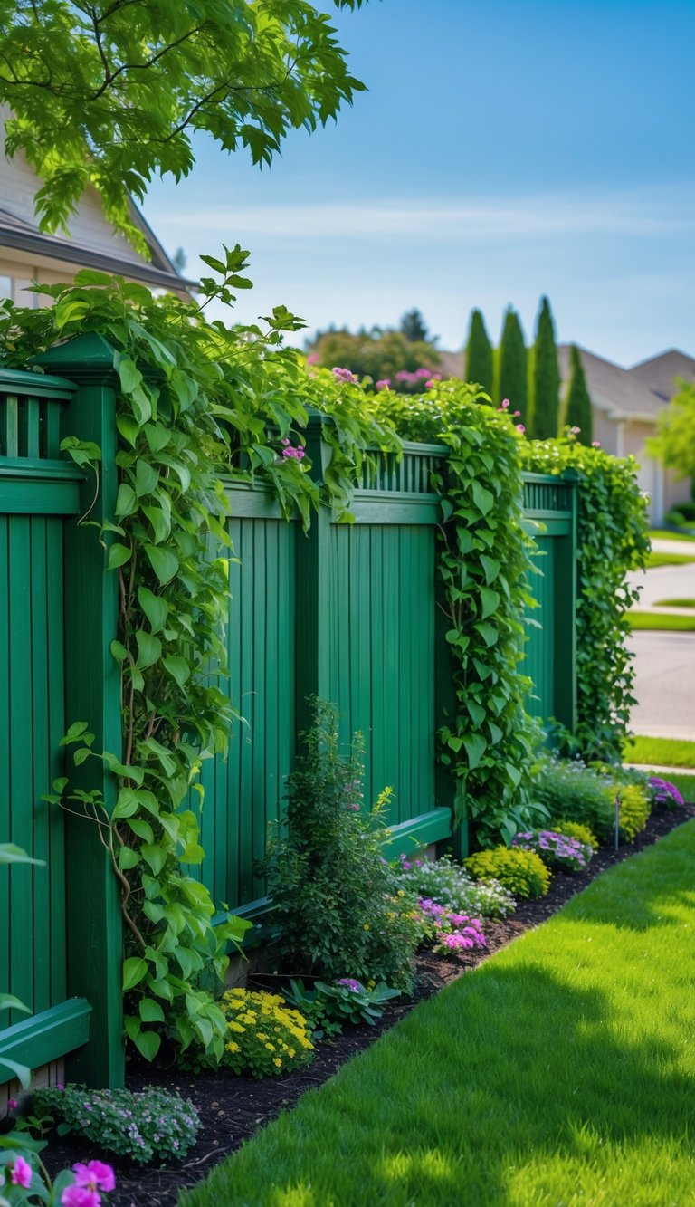 Front yard with a green fence covered in climbing plants and a well-kept lawn.
