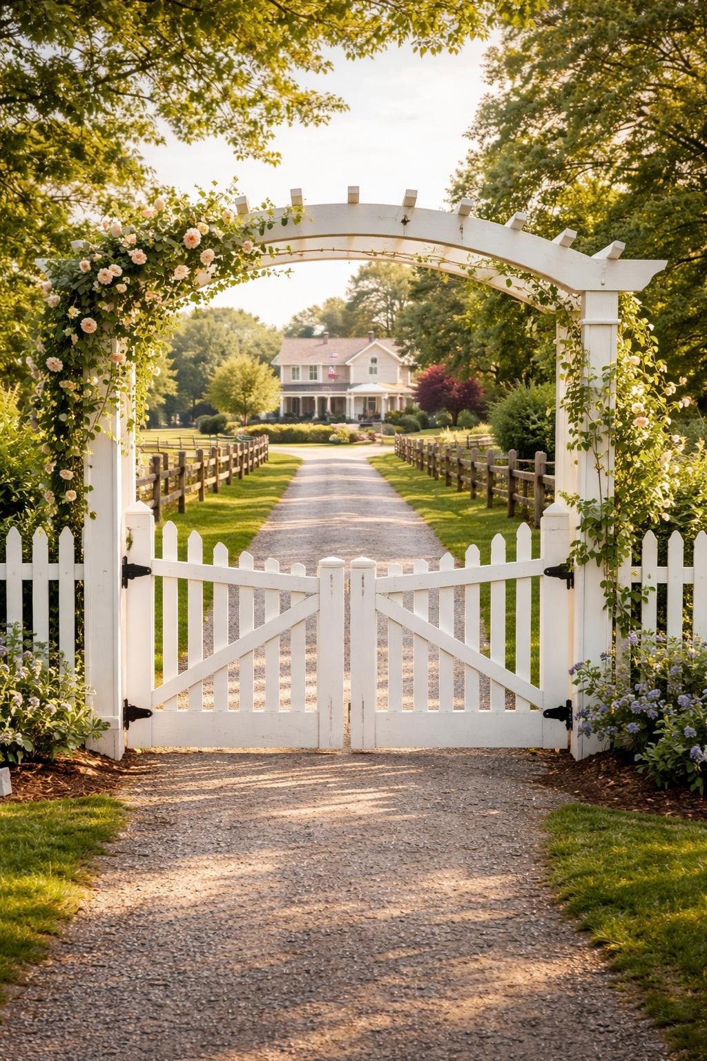 A white picket gate with a trellis top at the entrance of a farmhouse driveway surrounded by greenery and flowers.