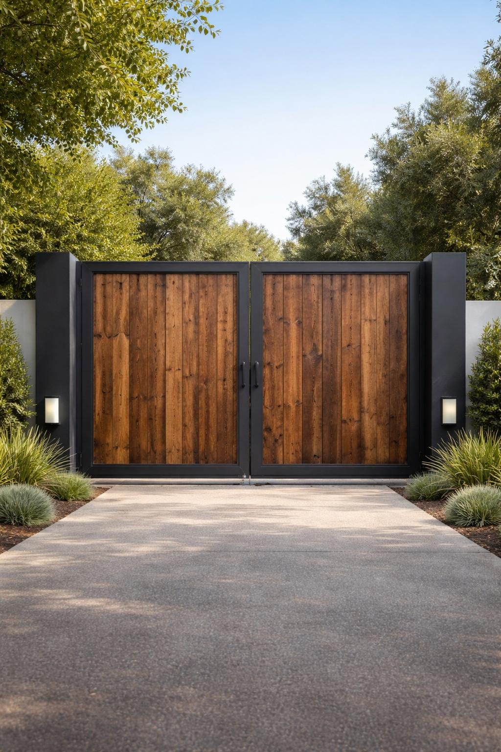 A wooden gate framed by a steel structure at the entrance of a driveway with plants on either side.