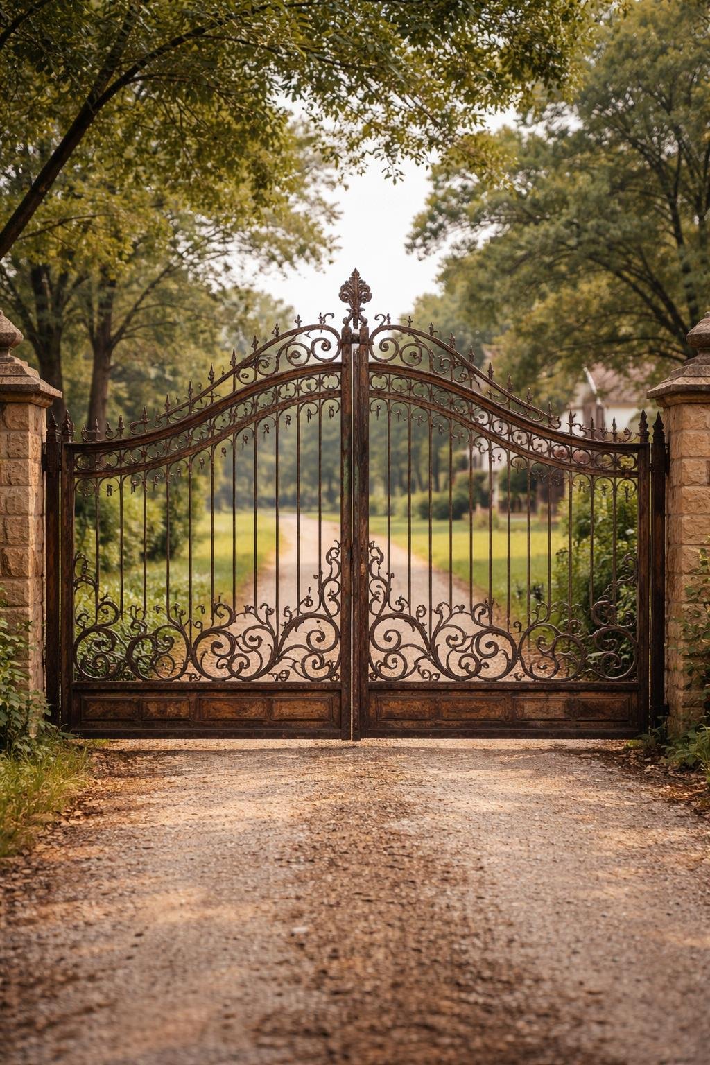 A large wrought iron driveway gate with a weathered finish at the entrance of a farmhouse driveway surrounded by trees and greenery.
