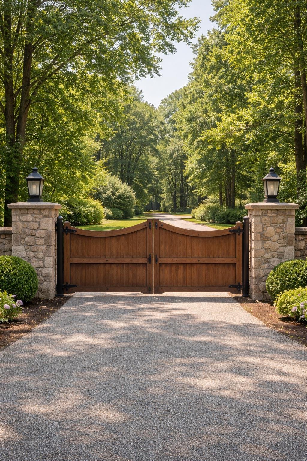 A farmhouse driveway entrance with a wooden gate flanked by stone pillar posts surrounded by greenery.