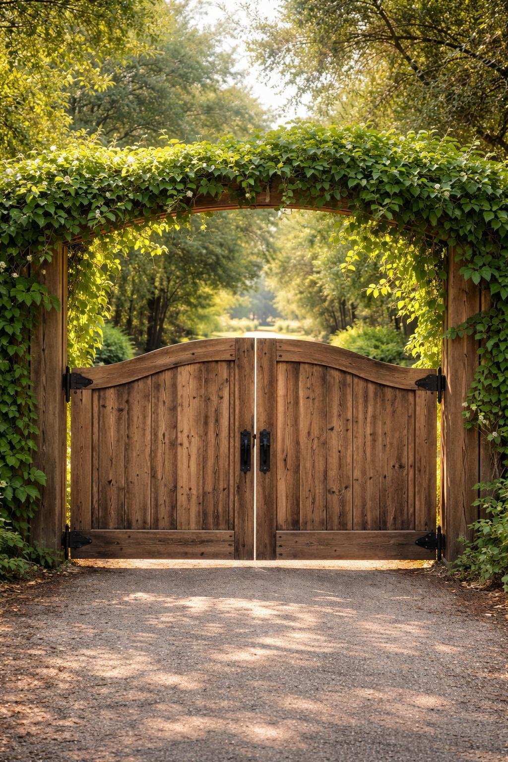 A natural wood driveway gate surrounded by green climbing vines with a rural driveway in the background.