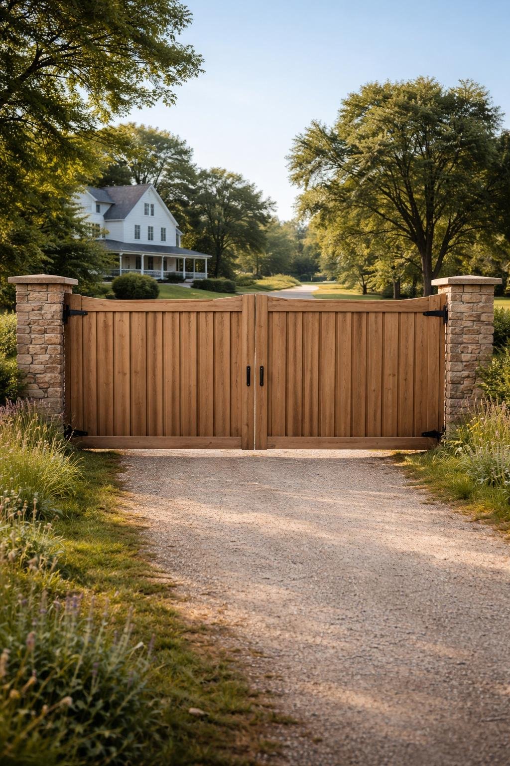 A tall wooden privacy gate with vertical slats at the entrance of a farmhouse driveway surrounded by grass, trees, and a farmhouse in the background.