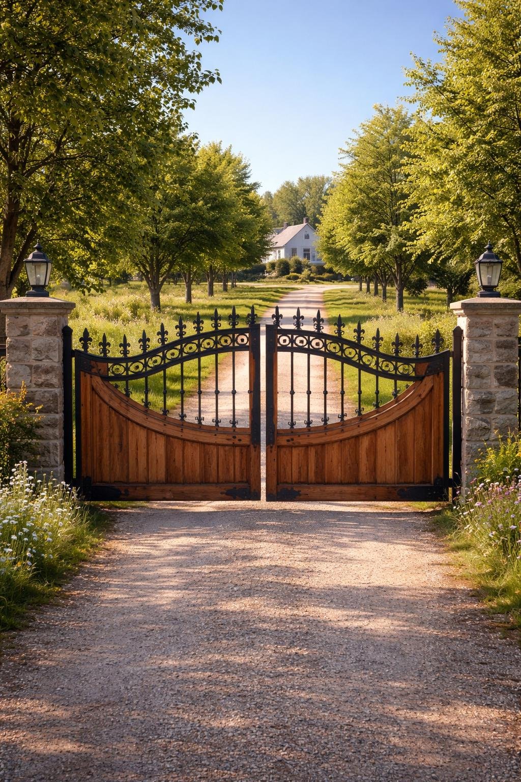 A farmhouse driveway gate topped with decorative finials at the entrance to a gravel driveway surrounded by trees and greenery.